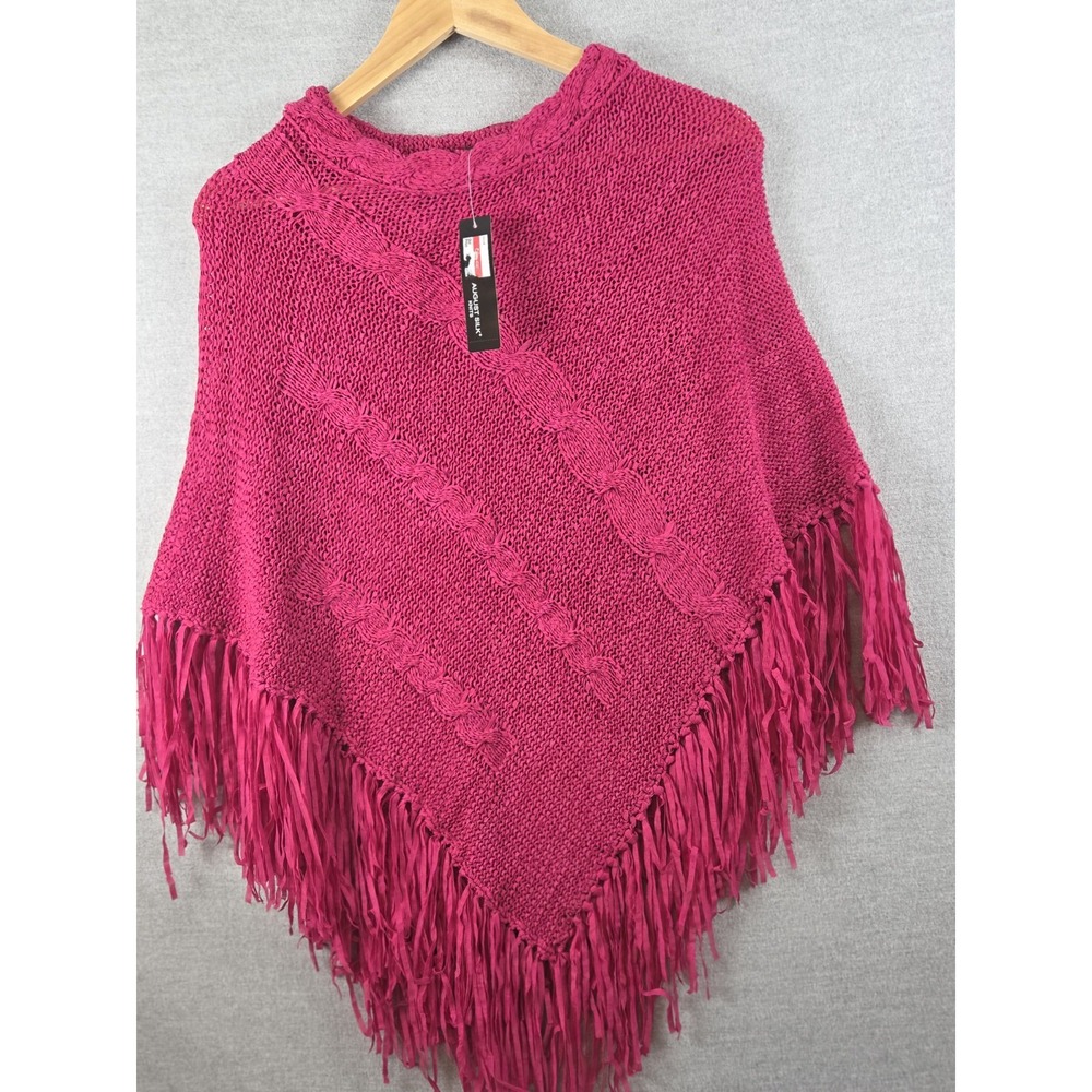 August Silk Knits Fringed Poncho Sweater Cape One Size Magenta Preppy Boho NEW